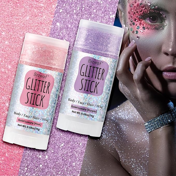Brzeaf Pink Glitter Stick, Not Greasy & Long Lasting, Face Glitter Gel, Chunky Glitter for Face/Body/Hair/Eyes/Lip, Singer Concert Music Rave Festival, Glitter Stick Makeup for Women Men
