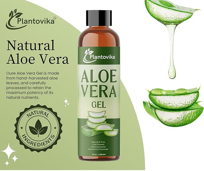 Plantovika Aloe Vera Gel - Natural, Hydrating, Soothing for Face, Skin, Hair, Sunburn - 8 Fl Oz