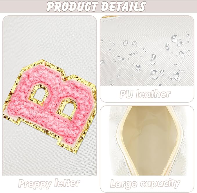 URSKYTOUS Initial Makeup Bag Personalized Preppy Travel Small Cosmetic Bag Cute PU White Chenille Letter Makeup Pouch for Purse Waterproof Zippered Toiletry Organizer for Women Girls Kids Friends (B)