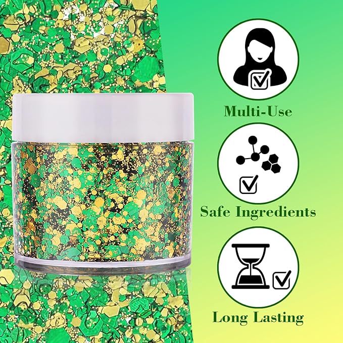 Green Face Glitter Gel,Mardi Gras Outfit for Women,Gold Hair Glitter Green St Patrick's Day Accessories, Self-Adhesive Carnival Face Paint Body Glitter Sparkling Festival Chunky Makeup