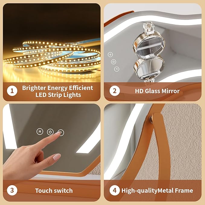17″ Makeup Mirror with Lights Tabletop Cloud Shaped , Smart Touch, 3-Color Dim Lighting, 360° Rotation, Memory, Metal Frame, Plug-in AC Power, Vanity Mirror Gift for Women Teen Girls Champagne Gold