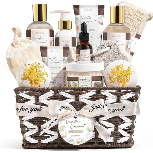 Birthday Gifts for Women, Vanilla Coconut Relaxing Spa Gift Baskets for Women Self Care Package Bath Gift Set, Home Bath and Body Kit Pamper Valentines Day Gifts for Her Womens Mom Friends Sister Wife