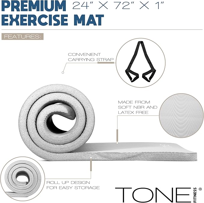 Tone Fitness 1-Inch Thick Yoga Mat | High-Density, Non-slip Exercise Mat with Carrying Strap for Yoga, Pilates, & Home Gym Workouts | Multiple Options