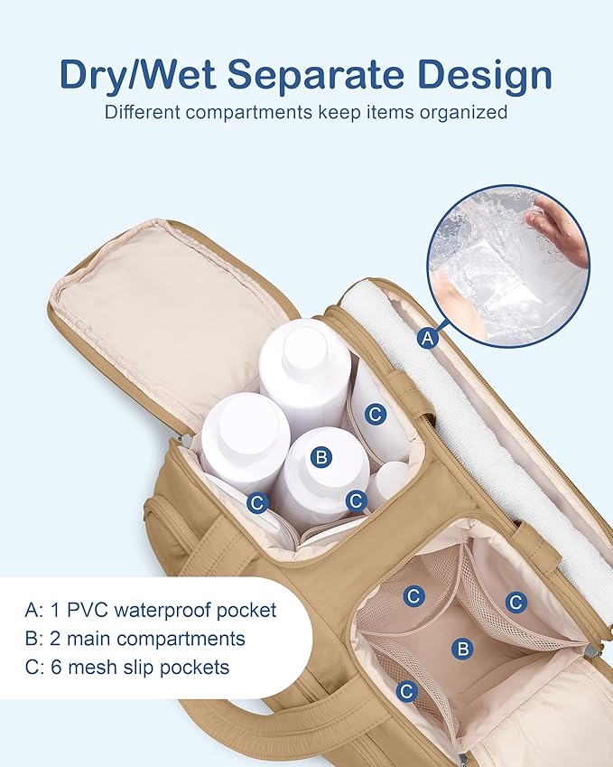 TOPDesign Travel Toiletry Bag for Women, Puffer Large Toiletry Bag, Lightweight Cosmetic Makeup Organizer with Handle for Traveling, Accessories, Essentials, Toiletries (Khaki)
