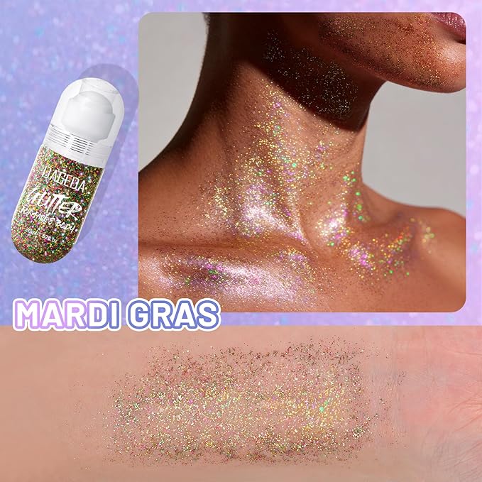 DAGEDA Mardi Gras Body Glitter Gel, Roll-on Face Glitter for Mardi Gras Oufits Accessories for Women, Carnival Accessories Green Purple Gold Hair Glitters,Body Shimmer Makeup for Rave Party
