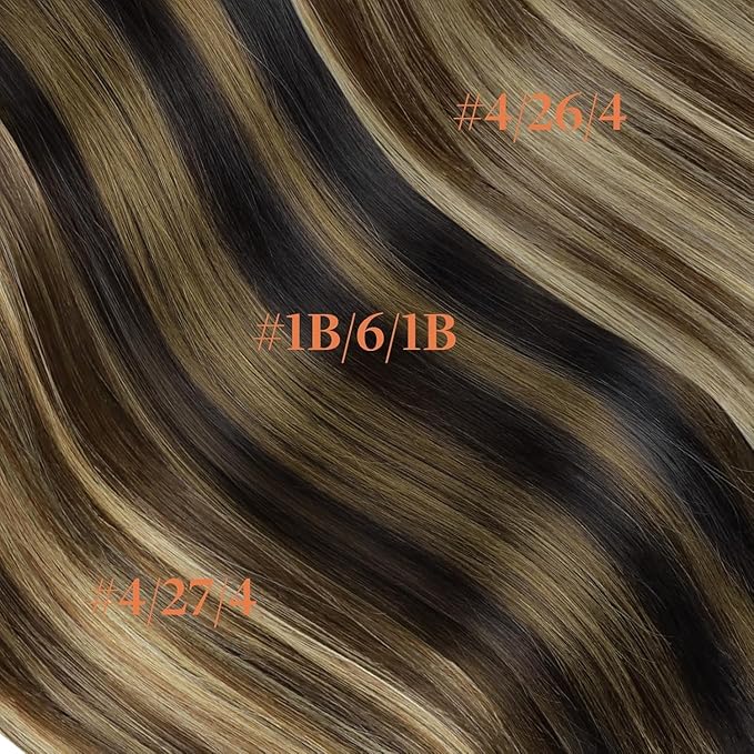GOO GOO Invisi Edge Clip in Hair Extensions 16inch 120g 7Pcs Injected Seamless PU Clip in Hair Extensions, Virgin Real Human Hair, 1B/6/1B Balayage Natural Black to Chestnut Brown