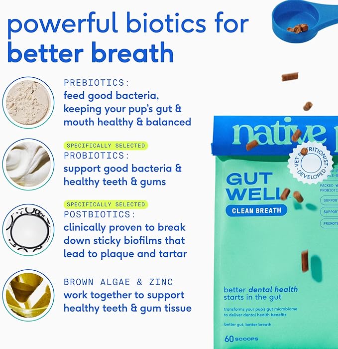 GutWell Clean Breath - Dog Breath Freshener & Dog Dental Powder - Teeth Cleaning to Reduce Plaque & Tartar - Promotes Fresh Breath with Targeted Triple-biotic Dental Care Blend - 120 Scoops