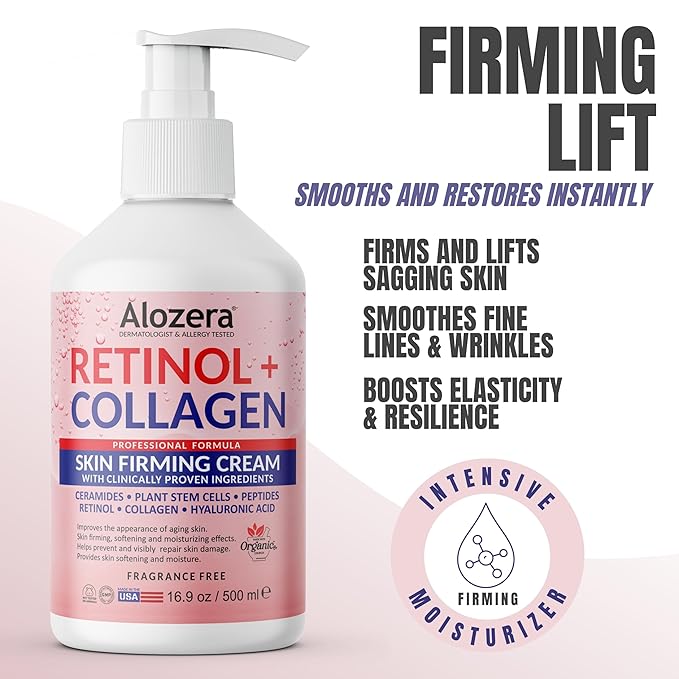 Alozera Skin Firming Retinol Collagen Face & Body Lotion with Stem Cells for Aging Skin and Wrinkles, Non-Greasy, Lightweight Moisturizer, Fragrance-Free, 16.9 oz (2-Pack)