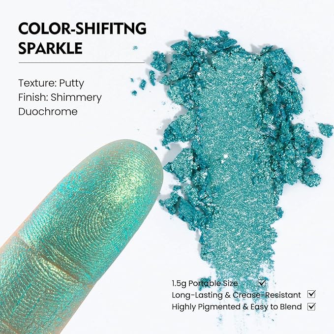Chameleon Single Eyeshadow – Blue-Green Shimmer,Pressed Powder, Square Pan, Fits Magnetic Palettes,High Pigment, Smudge-Proof, Smooth Blend, All-Day Wear (Mermaid Flip)