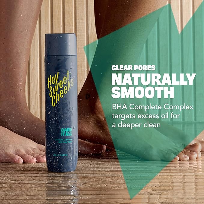 HEY SWEET CHEEKS BHA Salicylic Acid Body Wash with Oat Milk, Blemish Body Wash for Back Blemishes, Bacne, Cleanser for Clear, Smooth Skin, Bare It All, 9.64 oz