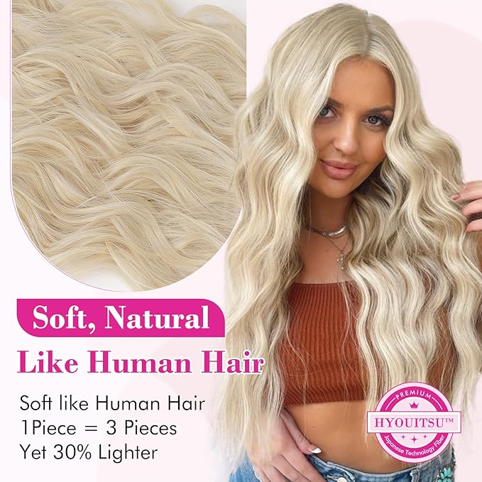REECHO Blonde Hair Extensions, 20” Single Piece Clip in Hair Extensions Thick Long Beach Wavy Natural Soft Synthetic Hairpieces for Women, Cool Light Blonde