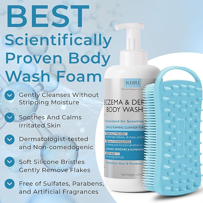 Eczema Body Wash Sensitive Skin | Eczema Treatment | Foaming Cleanser For Eczema Prone Skin | Soothes Dryness & Itching, Gentle On Dermatitis, Sulfate-Free With Free Scrubber Brush