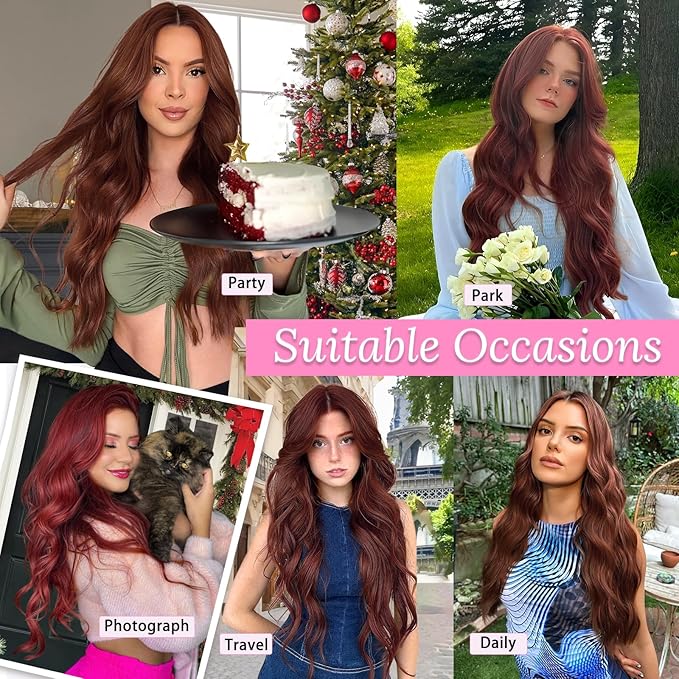 ALXNAN Clip in Long Wavy Synthetic Hair Extension 24 Inch Reddish Brown 4PCS Thick Hairpieces Fiber Double Weft Hair for Women