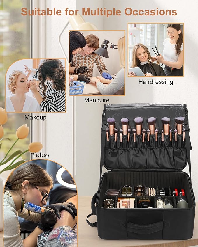 Relavel Makeup Bag Travel Train Case Makeup Backpack with 4 Clear Bags & Makeup Brush Case, Professional Makeup Artist Kit Set Bags, Cosmetics Storage Organizer Box with Adjustable Dividers, Black