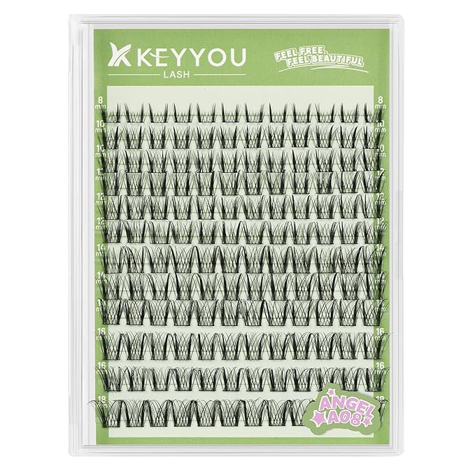 KEYYOU LASH clusters 144Pcs D Curl Angel Eyelash Extension Thick Wispy Natural Band Lash with Waterproof DIY Lash Extension at Home（Angel A08-D-8-18MIX）
