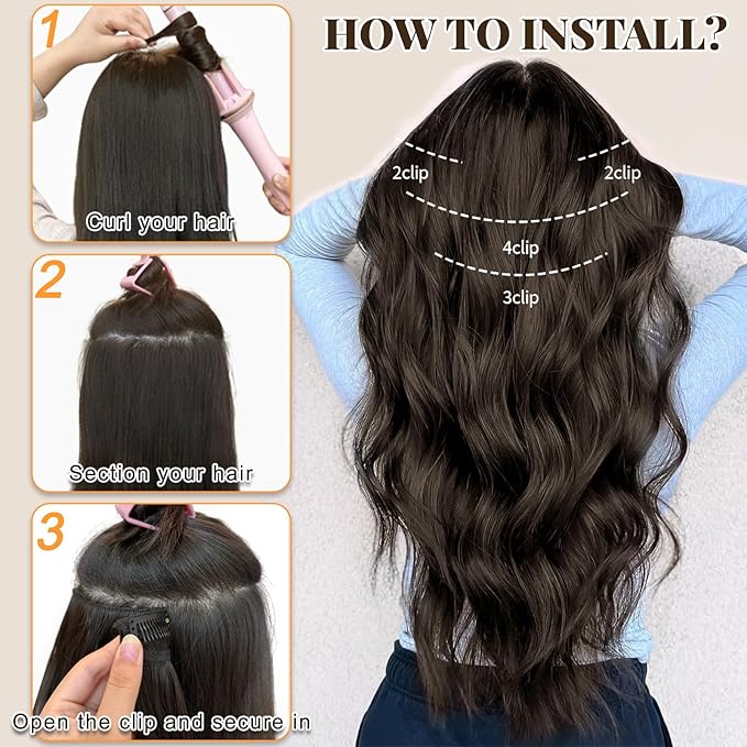 ALXNAN Clip in Hair Extensions for Women,Chocolate Brown with Dark Brown Long Wavy Hair Extensions Clip Ins 4PCS 24 Inch Synthetic Soft and Natural Thick Hair Pieces for Women