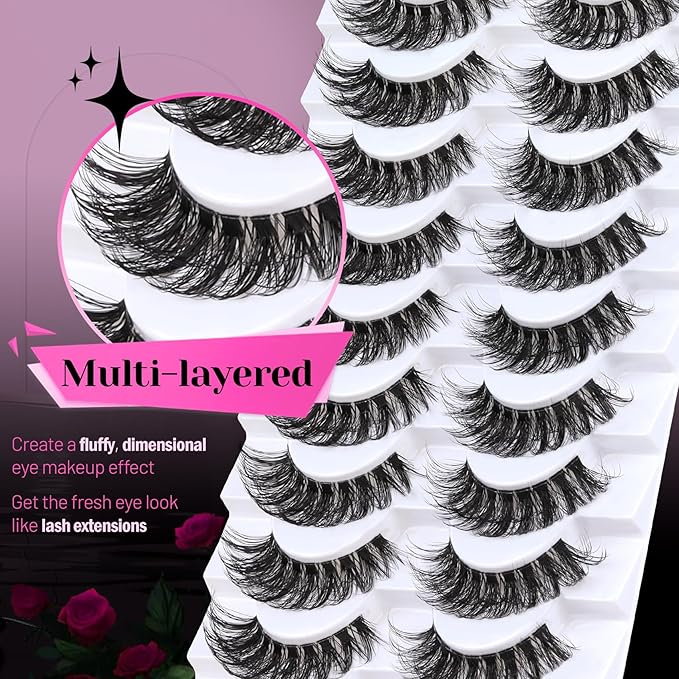 Veleasha Russian Strip Lashes with Clear Band Looks Like Eyelash Extensions D Curl Lash Strips 10 Pairs Pack (DT05)