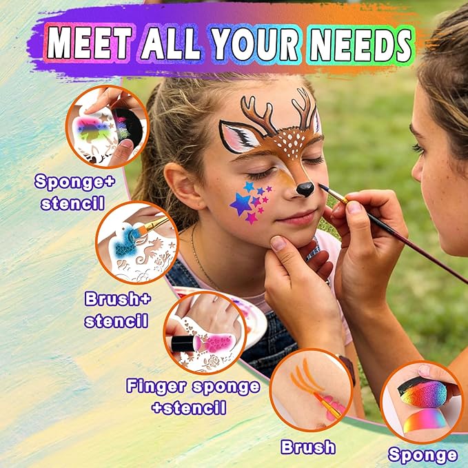 Water Activated Face Paint Professional Kit, Water Based Face Paint for Kids, 42 Color Non-Toxic Face Painting with 15 Stencils, Gems, Brushes,8 Tattoo Stencil for Christmas, Party, Carnival, Festival