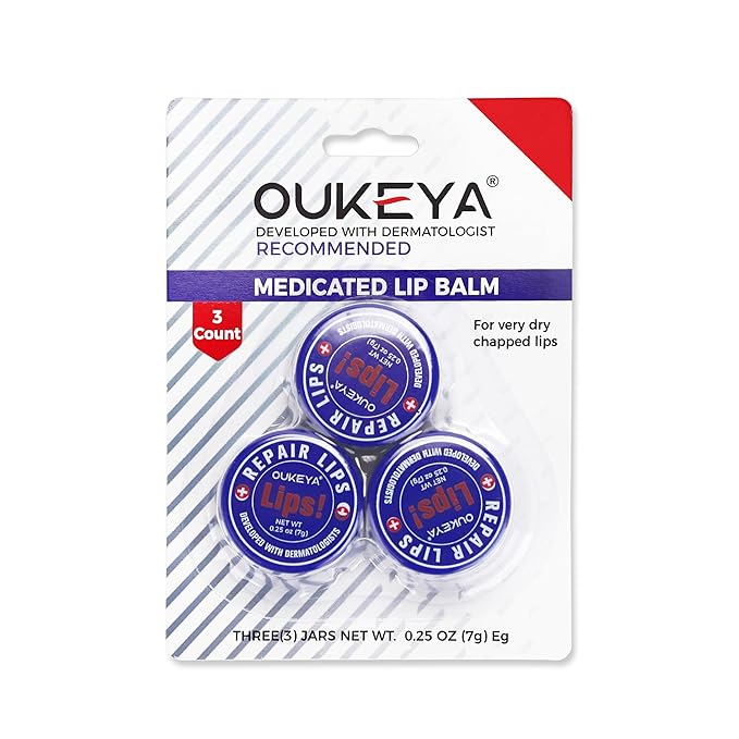 OUKEYA Lip Balm,0.25 Ounce,Medicated Lip Chapstick Medicated w/Beeswax,Petrolatum,Peppermint Oi,100% Natural Ingredients,Medicated Lip Moisturizer for Echapped Lips Treatment Severe 3 Packs