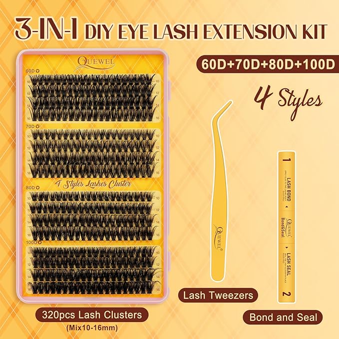 QUEWEL 320PCS Lash Clusters Kit 60D+70D+80D+100D Lashes Clusters Kit 10-18mm Cluster Lashes Individual Eyelash Clusters Reusable for Natural DIY Cluster Eyelash Extensions for Beginners