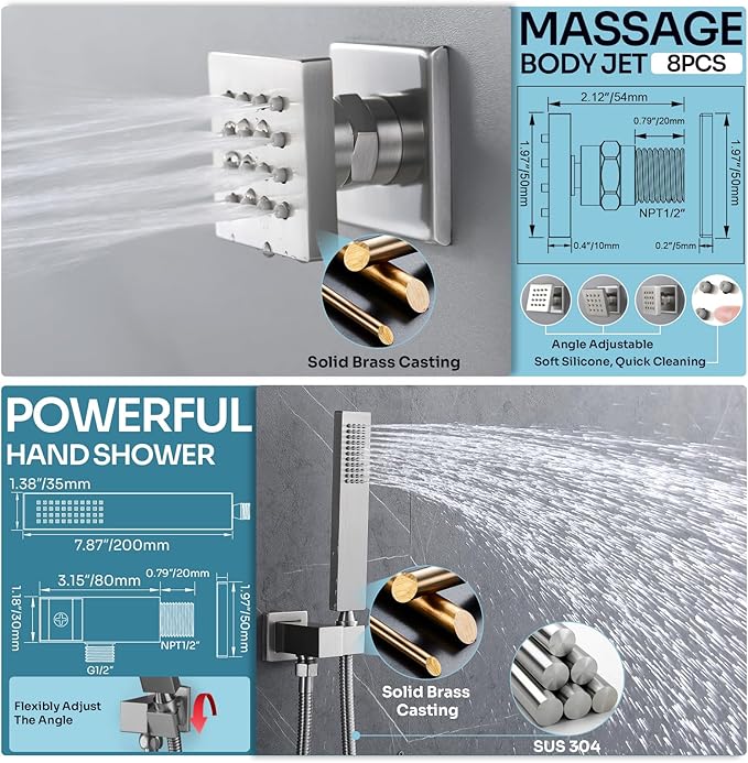 HOMEDEC Couples Luxury Shower System, 16x32" Rain and 6" Side Shower Heads, 4-Way Diverter Valves Multi-Function Shower Faucet Set, Brushed Nickel