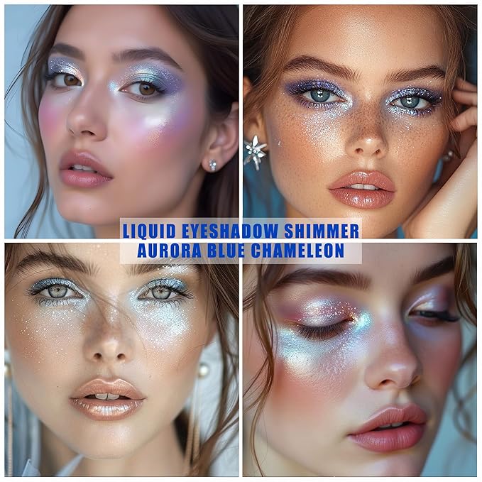Aurora Blue Chameleon Shimmer Liquid Eyeshadow, Longwear Waterproof Lightweight Eye Shadow Cream,Buildable Blendable Eye Makeup,Vegan Cruelty-Free Paraben-Free for Older Women Stage makeup 02#