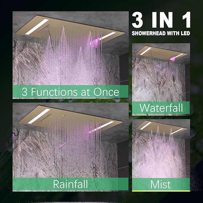HOMEDEC 14x20" Luxury LED Shower Head with Lights, 3 Functions Rainfall Waterfall Mist, High-Pressure Ceiling Mount Showerhead, Brushed Gold