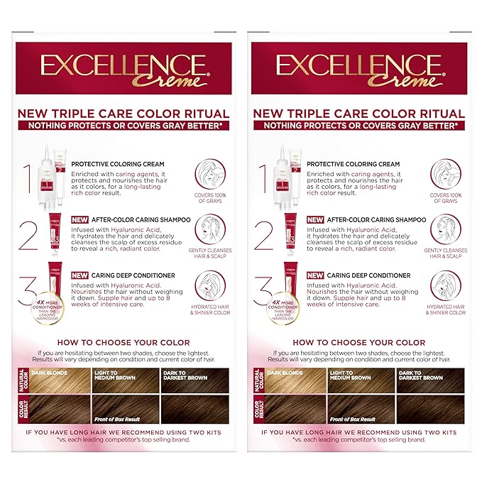 L'Oreal Paris Excellence Crème Permanent Hair Dye, Triple Care Hair Color with Hyaluronic Acid for 100% Gray Coverage, 5 Medium Brown, 1 Kit (Pack of 2) (Packaging May Vary)