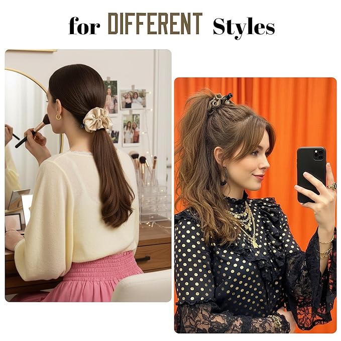 2 Pack Large Satin Banana Hair Clips for Thick/Long Hair, 5.5 Inch Jumbo Ruffled Ponytail Holder with Pearls, Non-Slip Vertical Clamp, Elegant French Vintage Accessories (Brown & Beige)