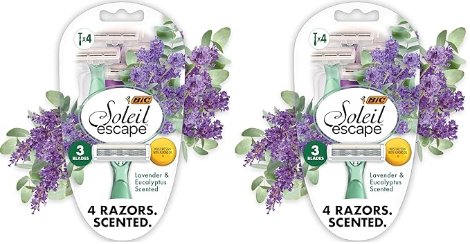 BIC Soleil Escape Scented Women's Disposable Razors, 3 Blades, Comfortable Shave, Lavender & Eucalyptus Scented Handle Shaving Razors for Women, 4 Count (Pack of 2)