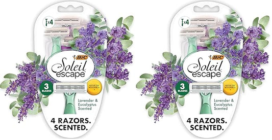BIC Soleil Escape Scented Women's Disposable Razors, 3 Blades, Comfortable Shave, Lavender & Eucalyptus Scented Handle Shaving Razors for Women, 4 Count (Pack of 2)