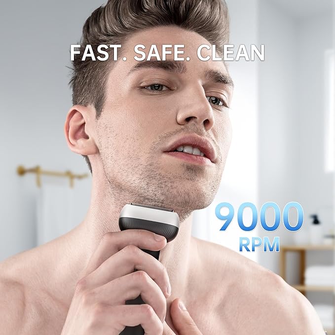 Electric Shaver for Men with Floating Arc 3-Blade, 9000 RPM, Magnetic Head, 1 Hour Fast Type-C Charging can Last for 60 Days, IPX7 Waterproof, Skin-Friendly Blade for Smooth Shaving, Black