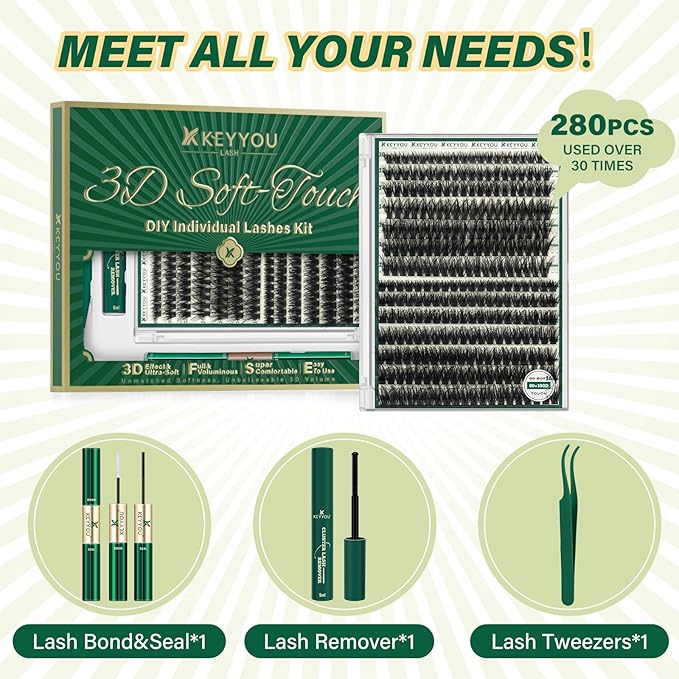KEYYOU lash Clusters Kit 3D Effect Eyelash Clusters Kit 280pcs 80D100D 10-18MIX D Curl Individual Lashes Kit Wispy Lashes Volume Cluster Lashes Kit Natural Soft (3D Kit-80D100D-D-10-18MIX)