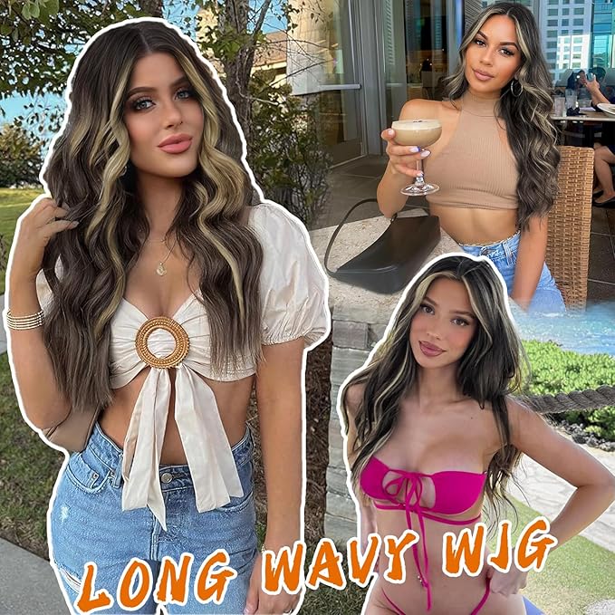 AISI HAIR Long Wavy Dark Brown with Blonde Highlight Lace Hairline Wigs for Women，Middle Part Synthetic Heat Resistant Wig for Daily Party-26 Inch