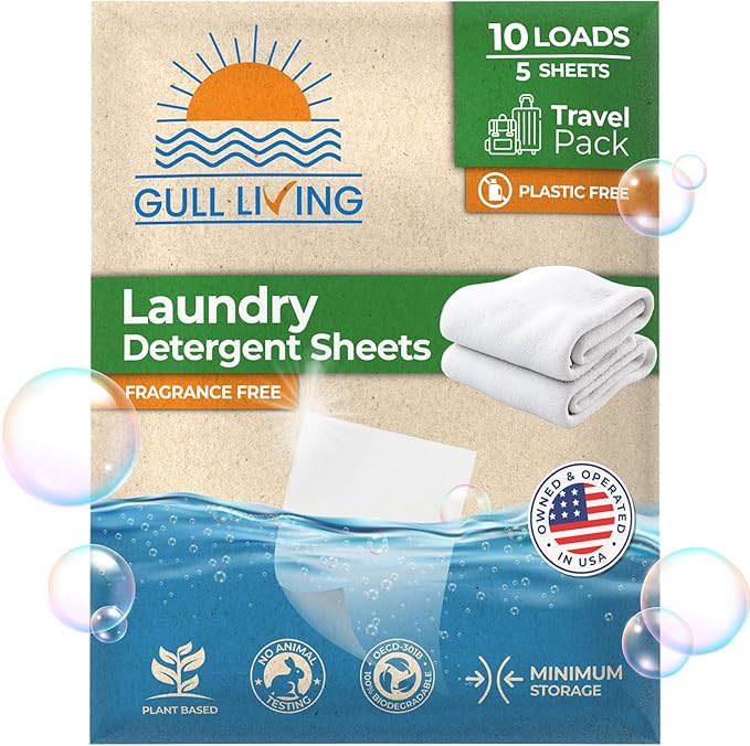 Gull Living Travel Laundry Detergent Sheets Unscented - 10 Loads - Dissolves Quickly, Removes Stains & Odors - Laundry Sheets Detergent