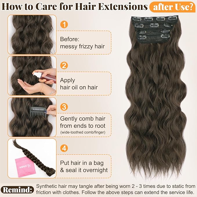 ALXNAN Clip in Long Wavy Synthetic Hair Extension 24 Inch Ash Brown 4PCS Thick Hairpieces Fiber Double Weft Hair for Women