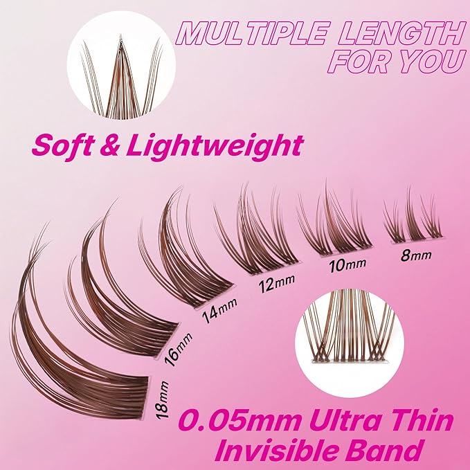 VEYESBEAUTY Brown Manga Lash Clusters Eyelash Extensions Thin & Invisible Band DIY Individual False Eyelashes Newbie's Five-Second Series Wispy Lash Tray for Self-application, Lash 8-18mm Mixed Length