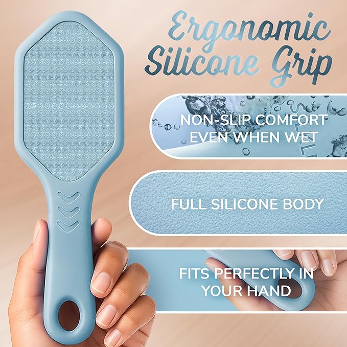 Nano Glass Foot File - Silicone Foot Callus Remover for Feet and Cracked Heels - Heel Scraper for Dead Skin - Ergonomic Foot Scrubber & Exfoliator for Shower with Non-Slip Grip - Blue
