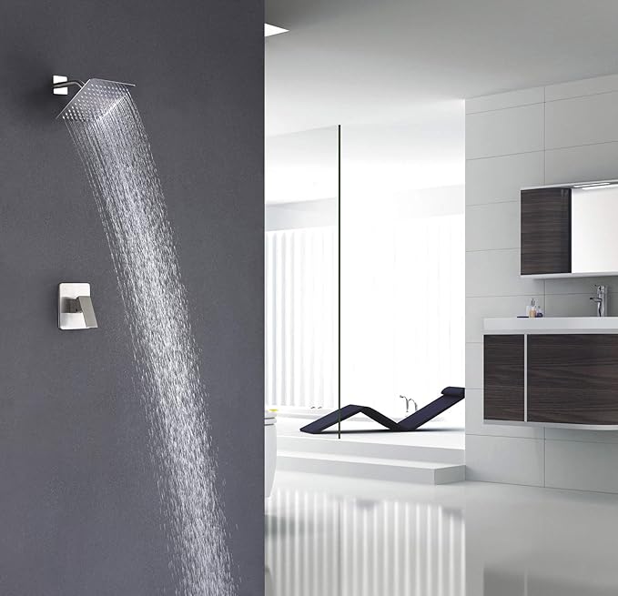 SUMERAIN Shower Faucet Brushed Nickel, Single Function Shower Trim Kit with Rough-in Valve, 8" Square High Pressure Rain Shower Head