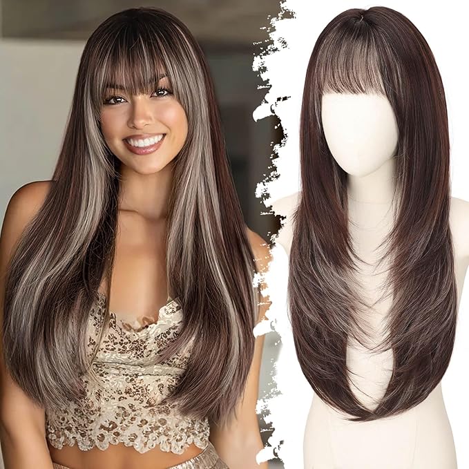 Long Chocolate Brown with Gray White Highlights Wig with Bangs for Women,4x4 Realistic Scalp,Free Parting,Layered Hairstyle Synthetic Heat Resistant for Daily Party Use 26 inch
