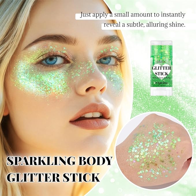 DAGEDA Light Green Body Glitter Stick,St Patricks Day Accessories,Sparkly Face Glitter Makeup,Holographic Hair Glitters Rave Outfits for Women, Shimmer Face Paint Stick for Mardi Gras Singer Concert