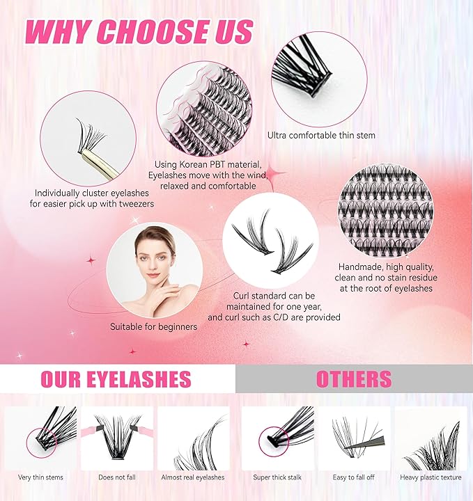DIY Lash Extension Kit - 280pcs Lashes Clusters 0.07D 40D+50D Mix, 9-16mm D Curl Soft Wispy Lash Clusters Kit with Bond, Seal, Remover & Tweezers for Easy At-Home Application Nature Look
