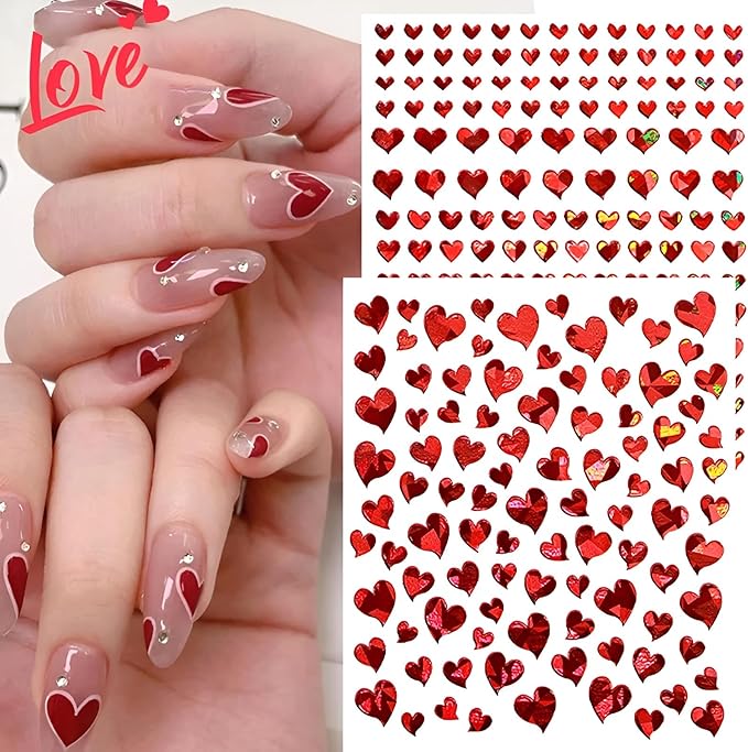 8 Sheets Heart Nail Art Stickers,Valentine's Day Nail Stickers 3D Self-Adhesive Nail Decals, Heart DIY Manicure Decoration Supplies Accessories for Women Girls