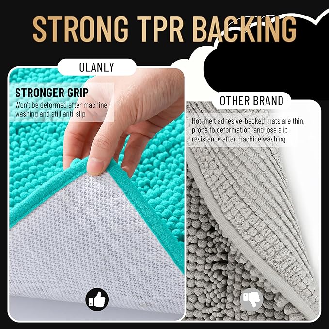 OLANLY Thick Bathroom Rugs 24x16, Extra Soft Absorbent Chenille Striped Bath Rugs, Rubber Backing, Machine Wash Dry, Bath Mats for Bathroom Floor, Tub and Shower, Home Decor Accessories, Teal