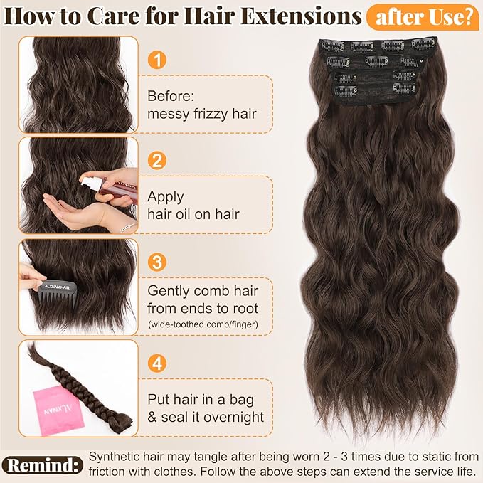 ALXNAN Clip in Long Wavy Synthetic Hair Extension 24 Inch Deep Chocolate Brown with Reddish Brown Highlights 4PCS Thick Hairpieces Fiber Double Weft Hair for Women