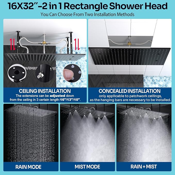 HOMEDEC Luxury Dual Shower System for Couples, 16x32" Rain 2-Function and Dual 6" Side Wall Mounted Shower Heads, with 4-Way Diverter Valves, Black