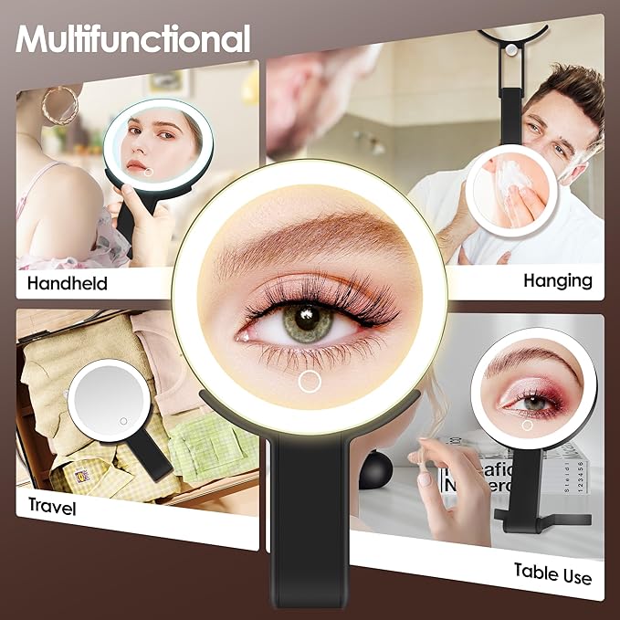 MIYADIVA Magnifying Mirror with Light, Double Sided 30X/1X Lighted Travel Makeup Mirror with Magnification, 3 Color Lighting, Dimmable Touch Screen, Adjustable & Foldable Hand Mirror (Black)
