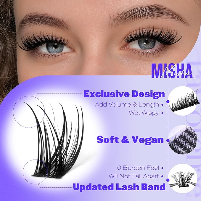 Pawotence Misha Lashes Clusters Wispy Cluster Eyelash Extensions 144pcs Individual Lashes Wet Look 10-18mm Lash Extension DIY False Eyelashes Soft Comfortable Eyelash Clusters