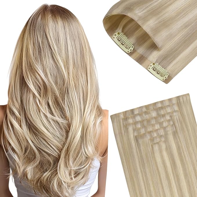 GOO GOO Invisi Edge Clip in Hair Extensions 14inch 130g 9Pcs Injected Seamless PU Clip in Hair Extensions, Virgin Real Human Hair, 17A/60A Ash Blonde Highlighted Platinum Blonde