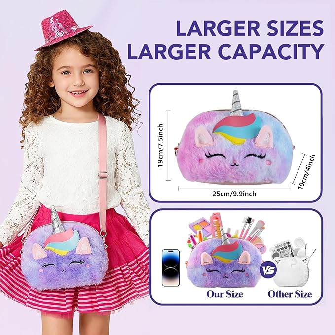 21-Piece Makeup Kit with Oversized Fluffy Unicorn Travel Makeup Bag, Washable Cosmetic Set with Portable Vanity Organizer, Princess Style Makeup Gift for Women & Girls